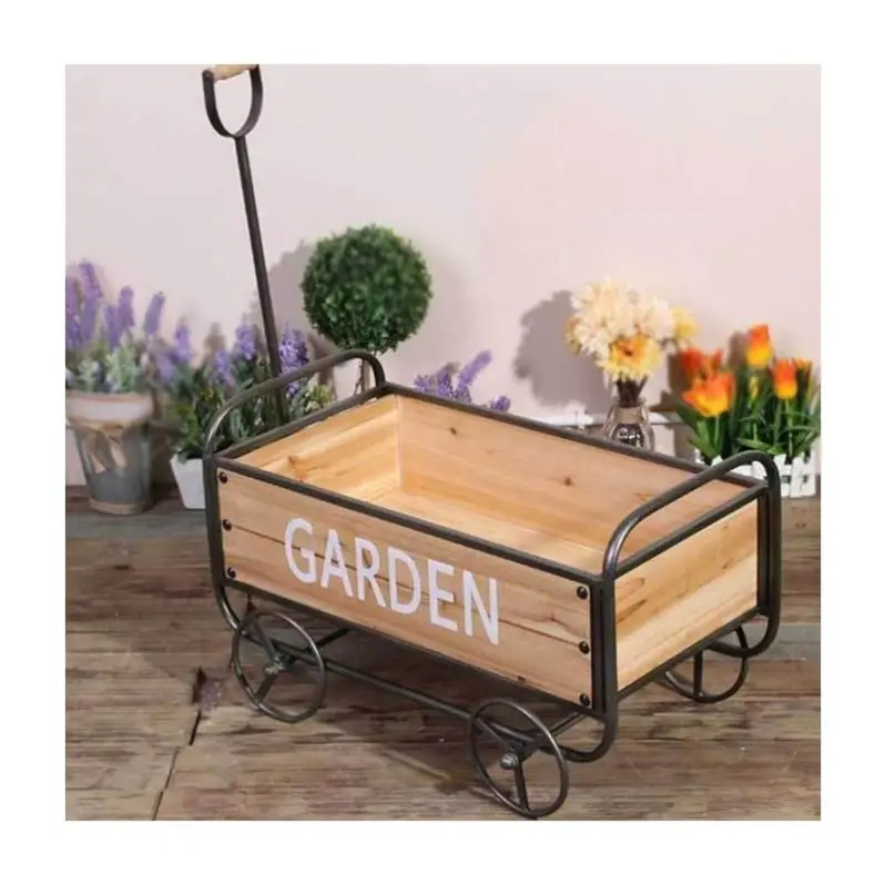 Outdoor Garden Decoration Metal with Wooden Flower pot stand Wheelbarrow design plant pot holder