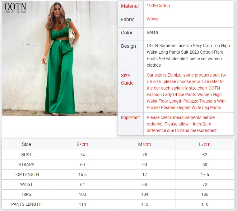 OOTN Summer Lace-Up Sexy Crop Top High Waist Long Pants Suit 2023 Cotton Flare Pants Set wholesale 2 piece set women clothes