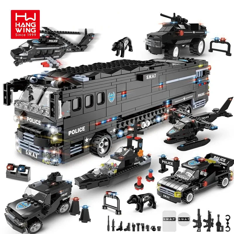 HW 6 in 1 SWAT black team of the storm mobile combat bus building blocks sets 1011PCS DIY technologies bricks toys for kids