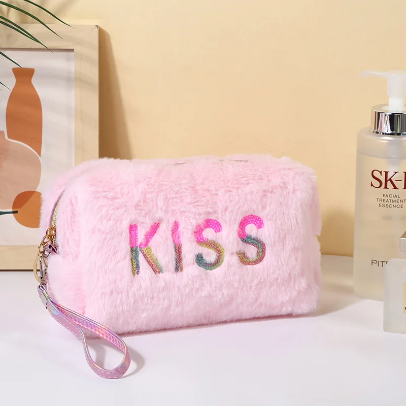 2024 spring candy color Trendy Personalized Kiss Pattern Sequin Travel Zipper Pouch Toiletry Bag Cosmetic Makeup Bag