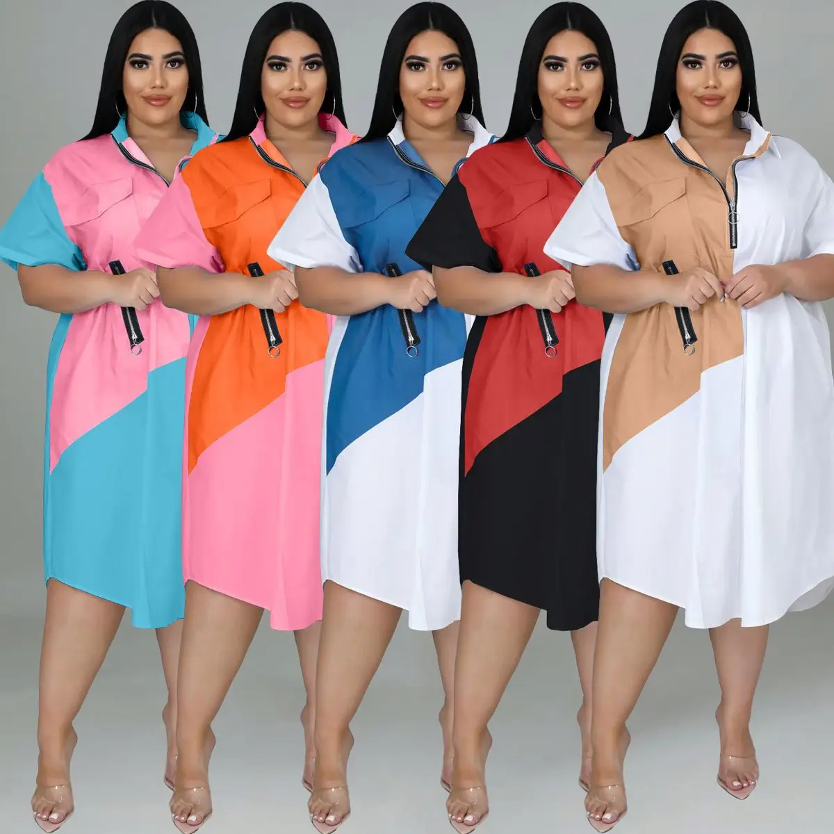 summer fashion plus size women clothing loose stitching contrast color short sleeve zipper clothes womens casual shirt dresses