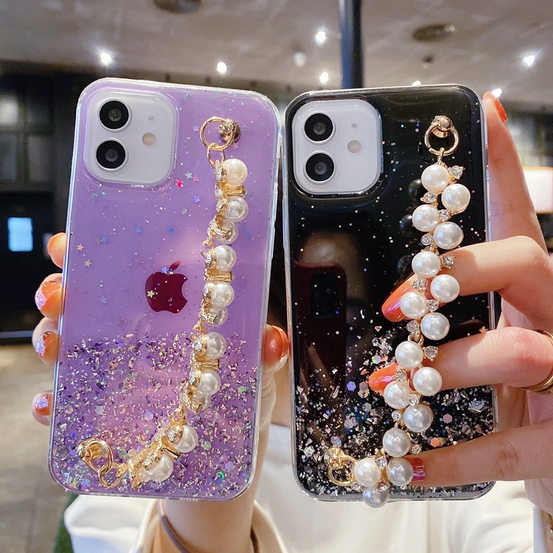 Soft Pearl Bracelet Phone Case For iPhone 11 12 13 14 Pro Max XS X XR 7 8 6 6s Plus mini SE 2020 Glitter Shockproof Cases Cover