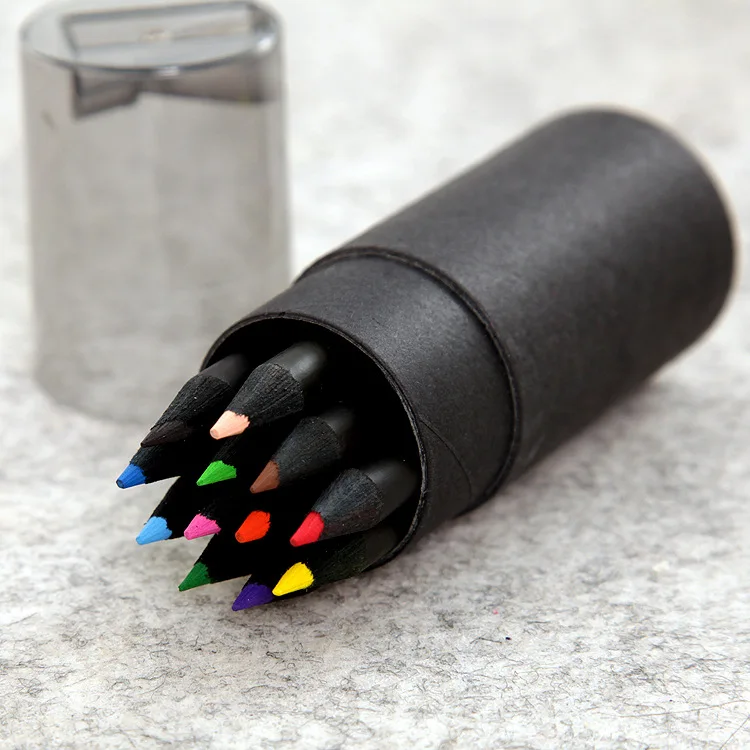 High Quality Black Wood Material Mini Size 12 Colored Pencil Set With Tube Sharpener Gift Pencil For Kids