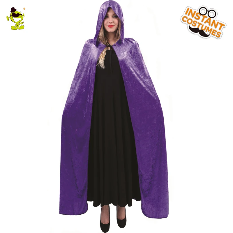 Women all black Cloak Fancy Dress Party halloween  Long Velvet Hooded Cape Costume for Adult