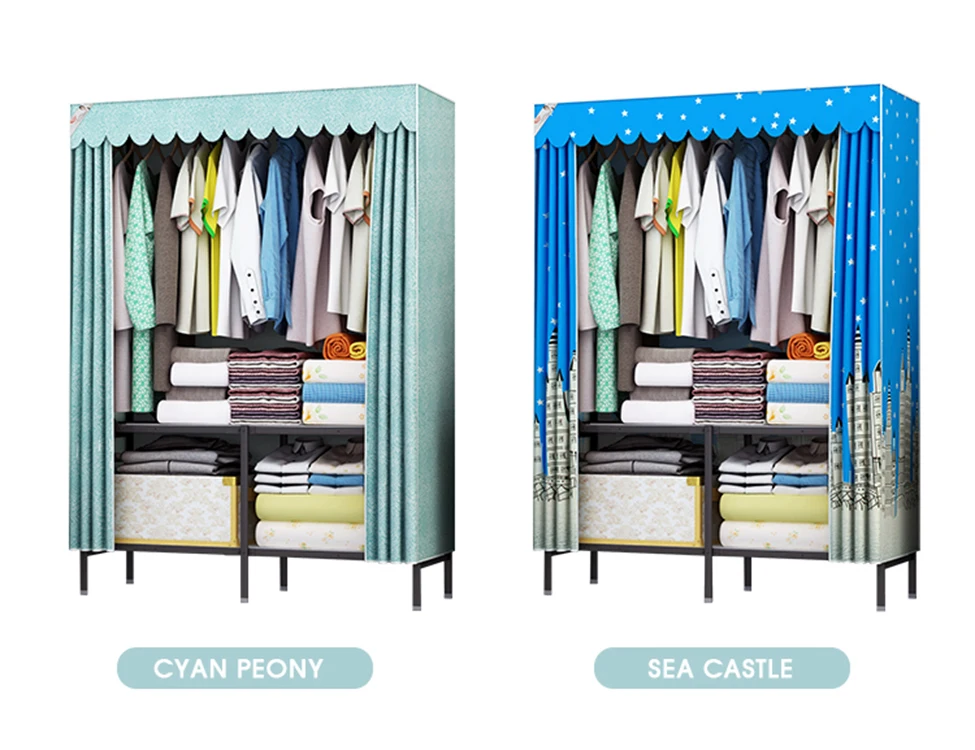 
Chinese dust proof cloth closet detachable modular wardrobe folding portable fabric wardrobe furniture with metal jacket 