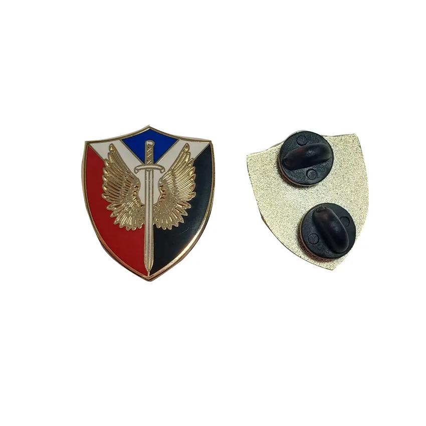 Customized Polished gold badge sword with logo high quality shield shape lapel pin