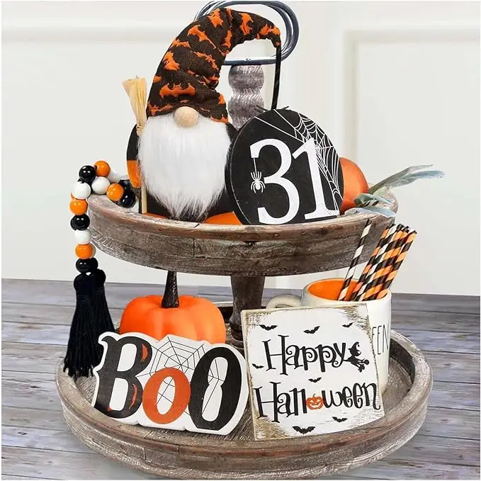 Happy Halloween металлические вывески-милые гномы плюшевые и бисерные гирлянды-фермерский дом деревенский многоярусный поднос предметы декора для настольного дома