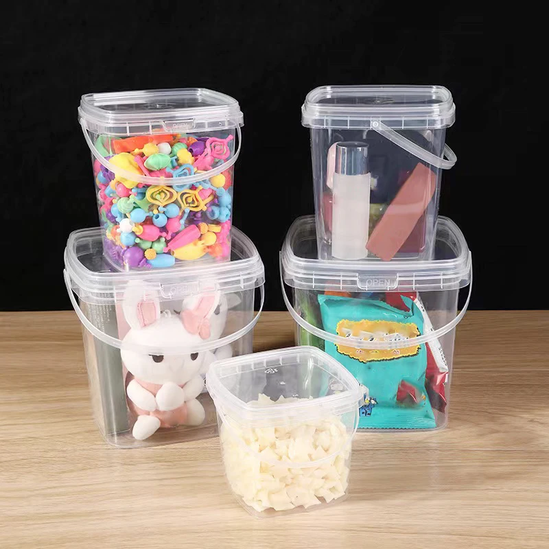 Custom Logo Printed Square PP Clear Party Bucket 5oz 12oz 16oz 24oz 32oz Plastic Cup with Handle and Lid for Tea Juice Milk