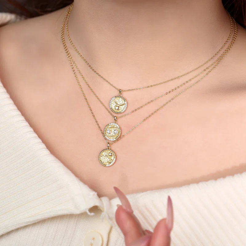Trendy Fashion Jewelry 925 Sterling Silver Rhodium Plated Zircon Constellation Zodiac Coin Necklace for Women