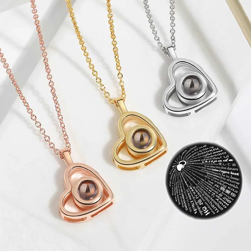 Hypoallergenic Valentines Day Gifts 18k Gold I Love You 100 Languages Projection Heart Necklaces Heart Shape Projection Necklace