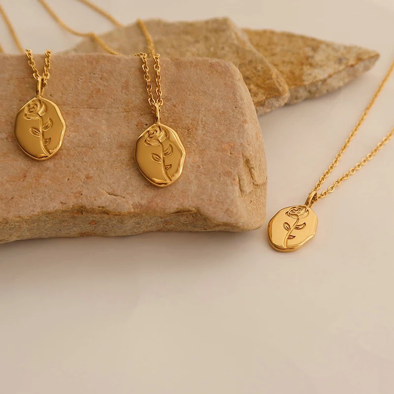 Irregular 18K Gold Plated Metal Birth Month Flora Rose Flower Floral Personalized Gift For Her Stainless Steel Pendant Necklace