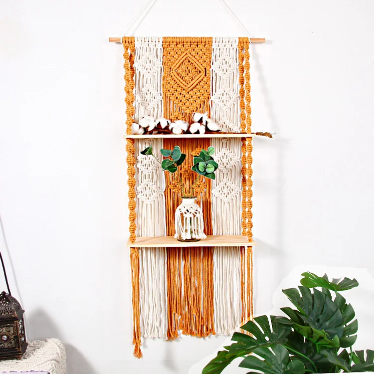 Custom Made Home Decor 2 Tier Rack Flower Pot Holder Woven Macrame Wood Wall Hanging Shelves