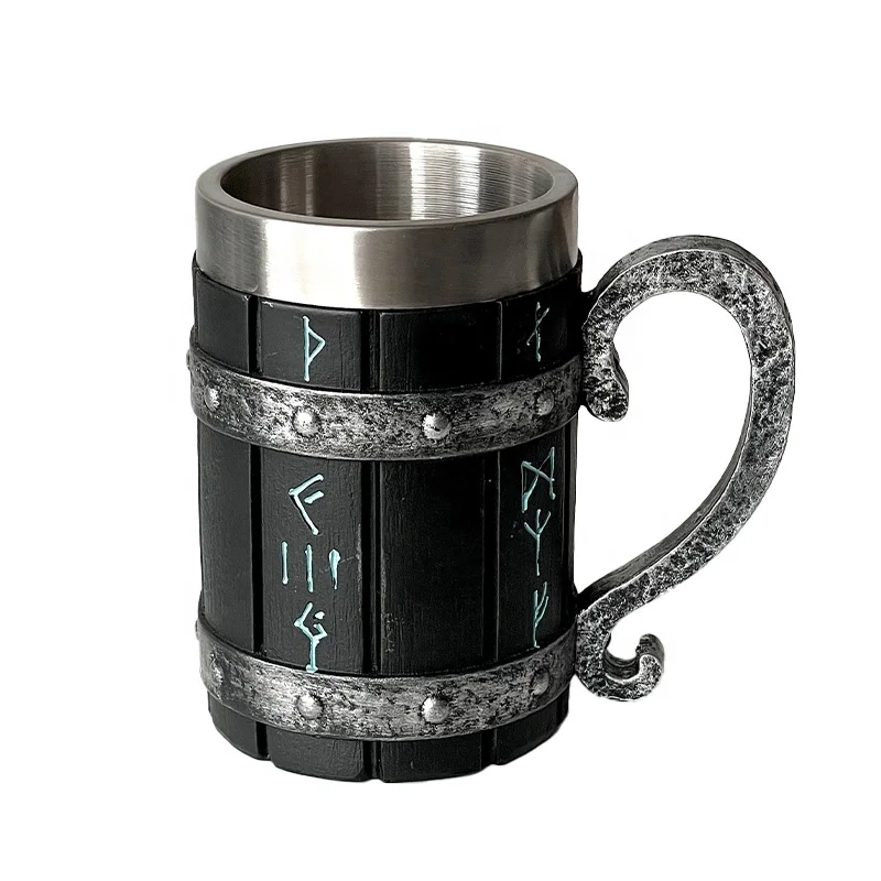 New Arrival Unique Oak Barrel Beer tankard Stein Stainless Steel Coffee beer Cup 300-600ML handmade Horn Resin Viking Beer Mug