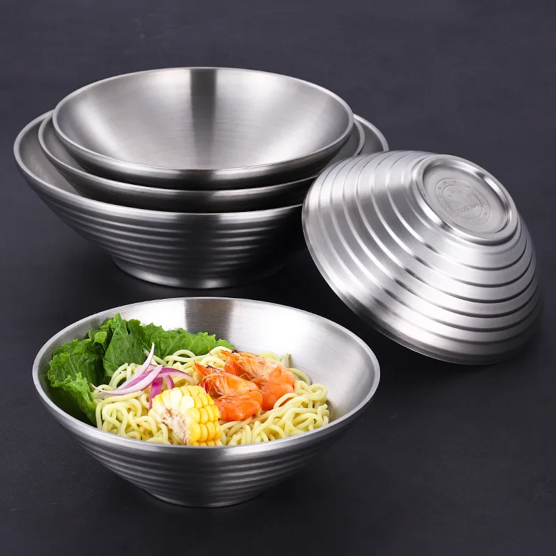 Double Layer Japanese Ramen Bowl Stainless Steel Anti-Scalding Instant Noodles Salad Food Bowls for Restaurant Kitchen Tableware