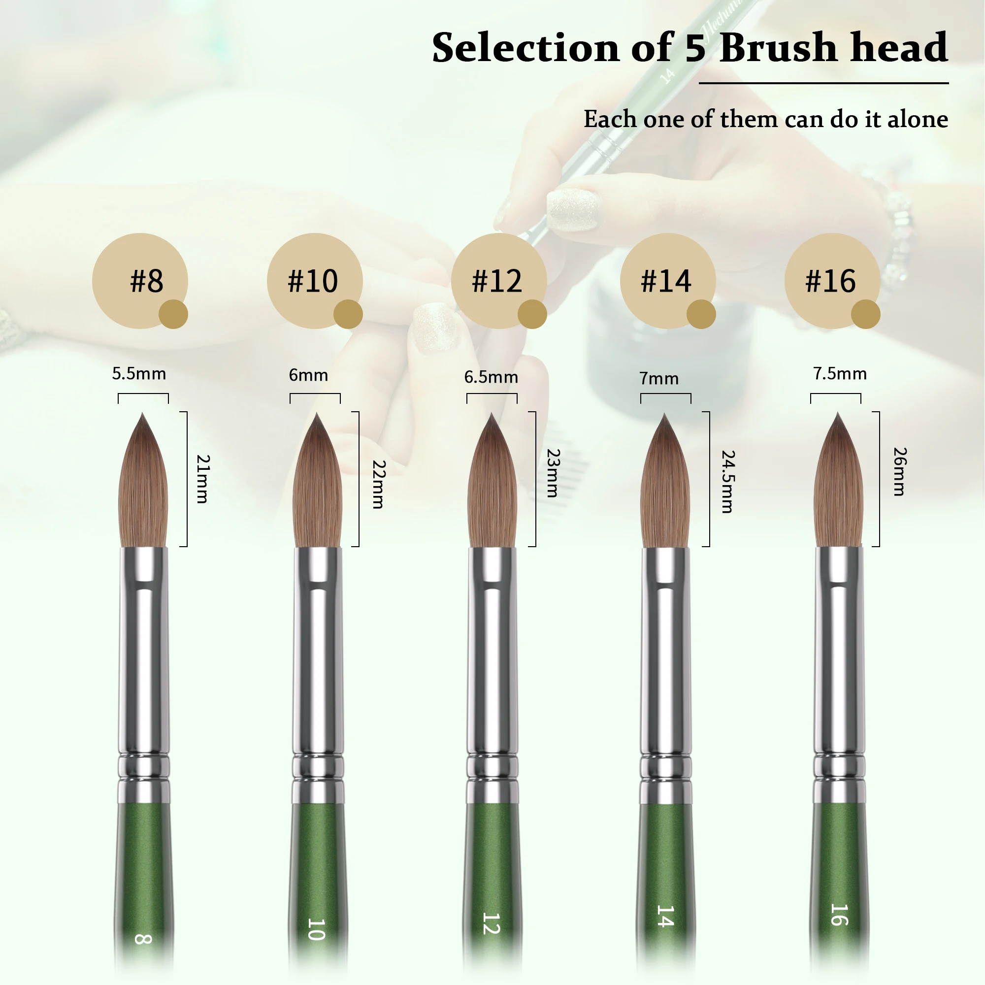 Factory Supplies 100%Pure Kolinsky High Quality Green Color Nail Brush Custom Nail Acrylic Brush#8 10 12 14 16