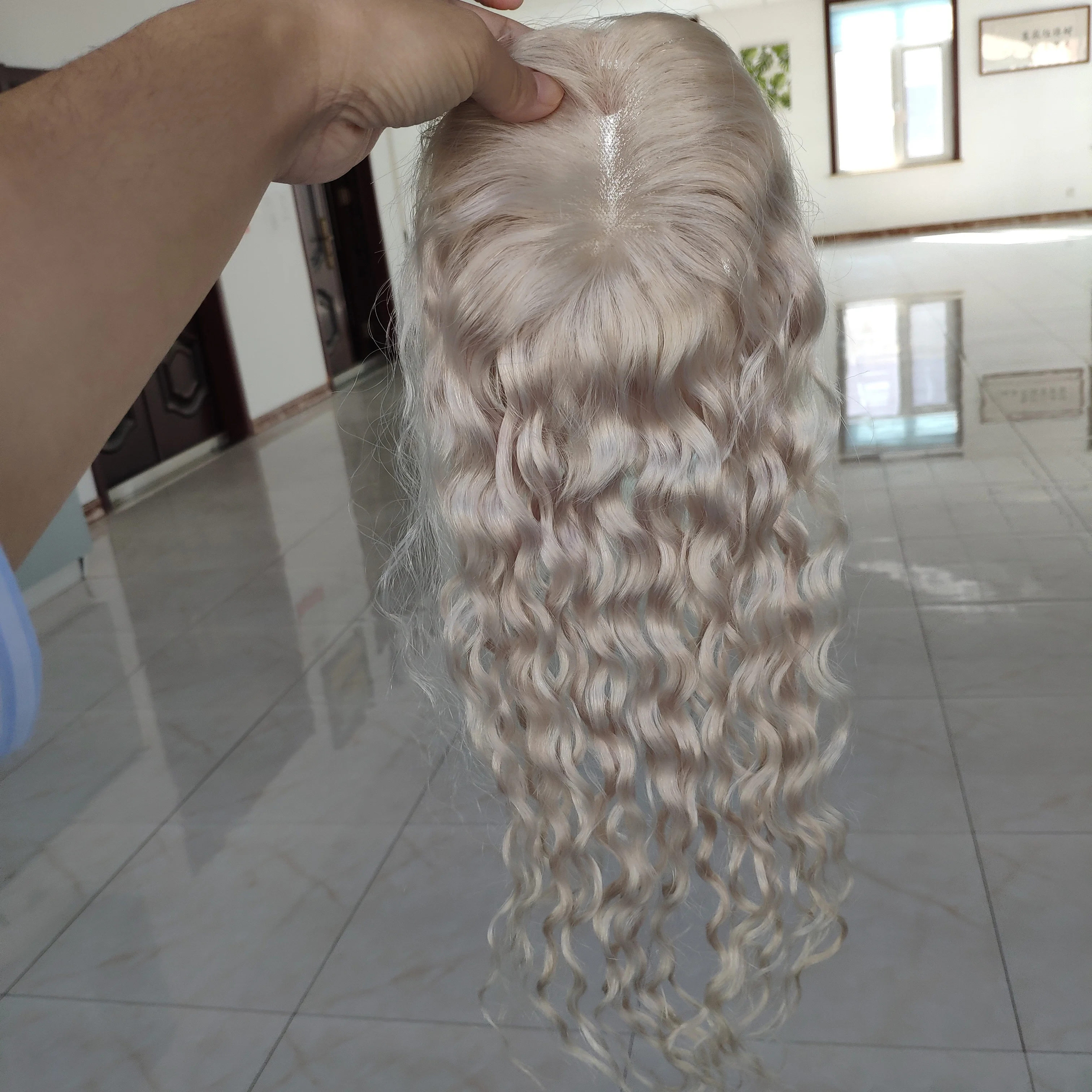 MT-45 Blonde Color European human hair mono base toppers for thinning hair fully hand tied hair toppers curly topper