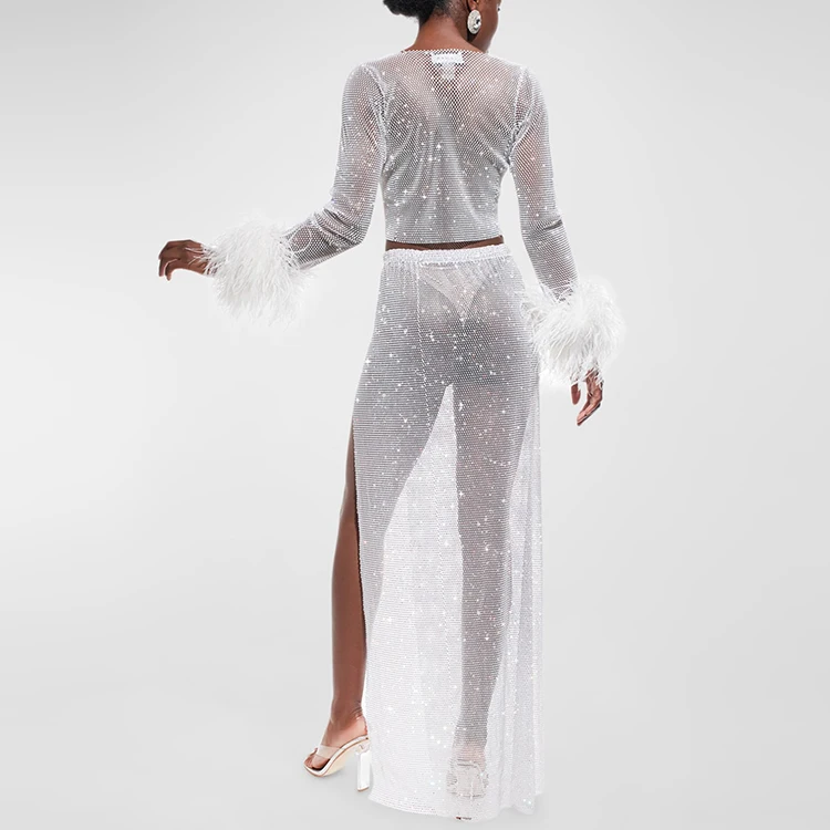 Sexy Crew neckline Long Sleeve Ostrich Turkey Feathers Rhinestone Crop Top High Low Side Slit Maxi Long Skirt
