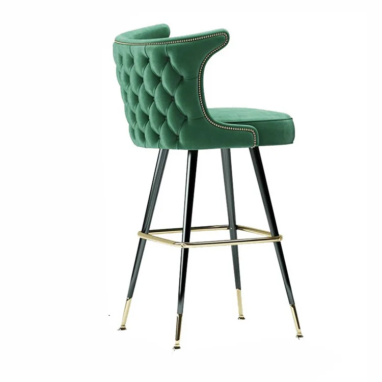 Luxury Style Dining Room Wooden Leg Design With Gold Metal Cover High Bar Stool Modern Nave Blue Velvet Restaurant Bar Chair