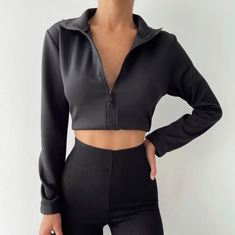 The New Autumn Hot Selling Pure Color Zipper Large Elastic Slim Short Sports Casual Coat Jacket For Young Ladies