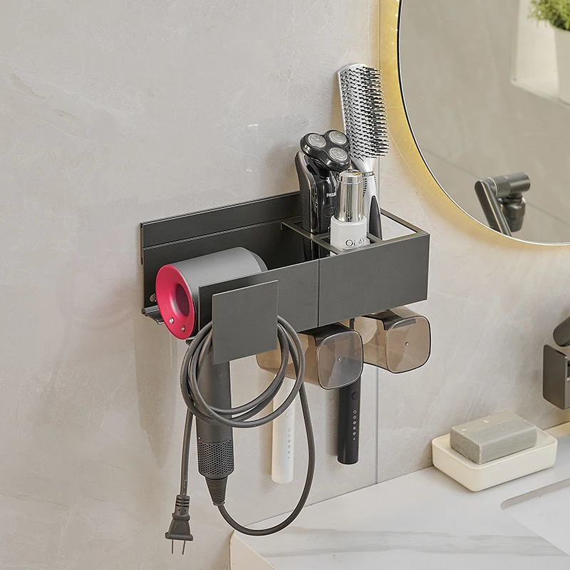 High Quality Space Aluminum Bathroom Wall Mount Toiletries Shelf Hair Dryer Toothbrush Cup Holder Razor Holder Hair Dryer Holder