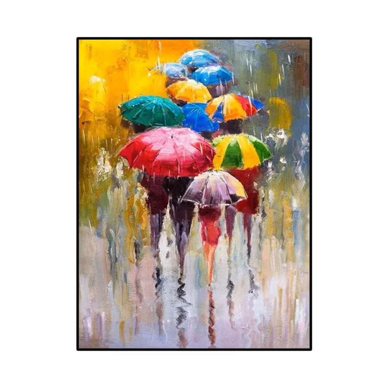 Modern Abstract Colorful Rain Landscape People with Umbrella Canvas Oil Painting for Home Wall Art Decor