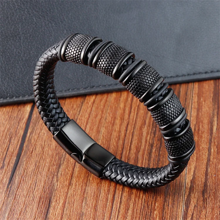 Fashion Men Gold Plated Stainless Steel Beaded Bracelets Leather Band Strap Wristband Bracelet Custom Leather Bracelet