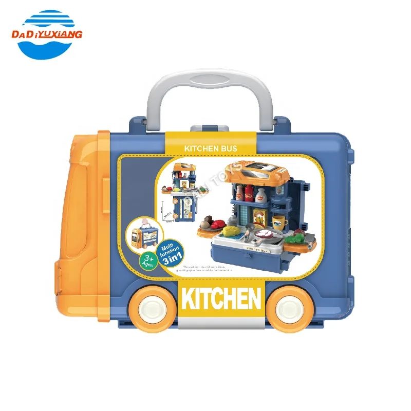 DADI OEM&ODM 3 IN 1 BUS Suitcase Happy Kitchen Toys Cooking Game Kitchen Toys For Kids Pretend Play