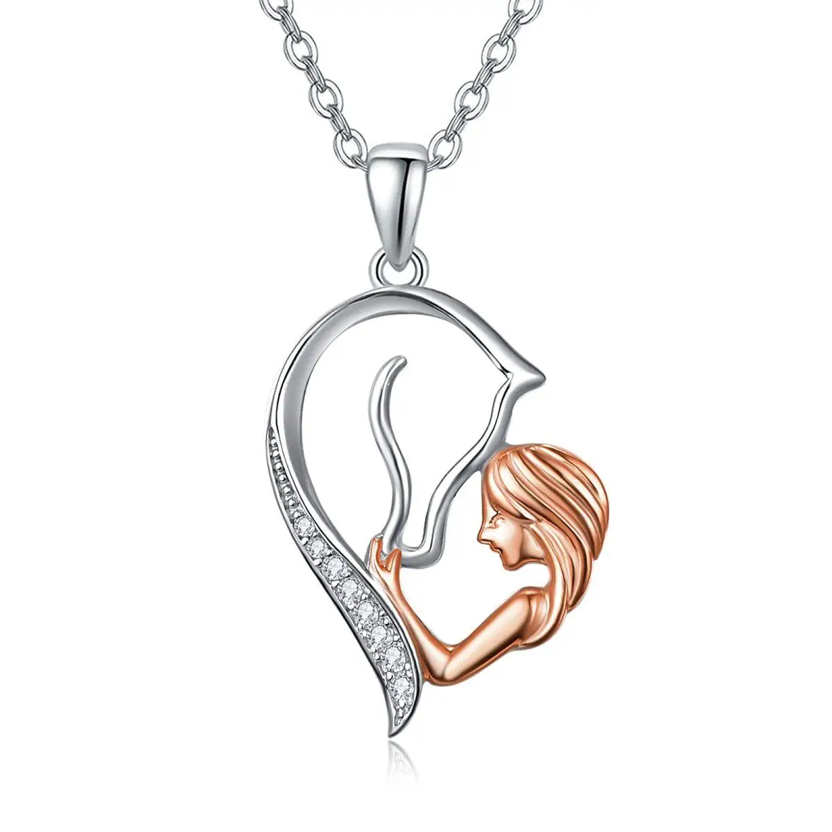 Rose Gold Plated Girls Zircon Horse  Heart Pendant 925 Sterling Silver   Necklace For Women