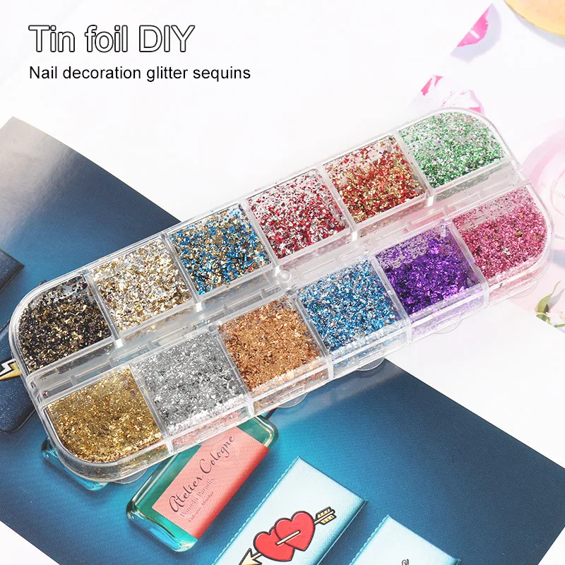 12 Grids Holographic Aluminum Nail Foil Flakes Stickers Nail Sequins 3d Glitter Decoration Foil Nail Art