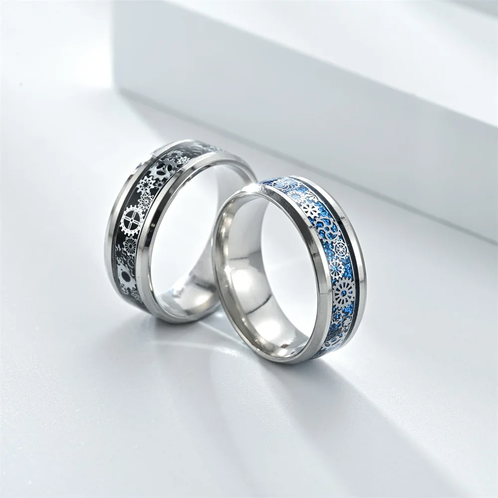 Wholesale Punk 8MM O Shape Rings Silver Black Stainless Steel Multi Color Oil Drip Pattern Gear Finger Rings