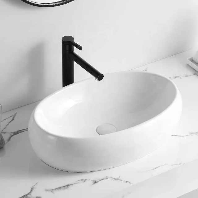 Modern Above Counter Oval Basin Ceramic Solid Surface Table Top Wash Basin Bathroom Vessel Sink