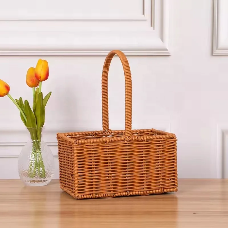 New Rattan Woven Flower Basket Garden Iron Hand-held Flower Basket Woven Rattan Decorative Flower Basket Wholesale