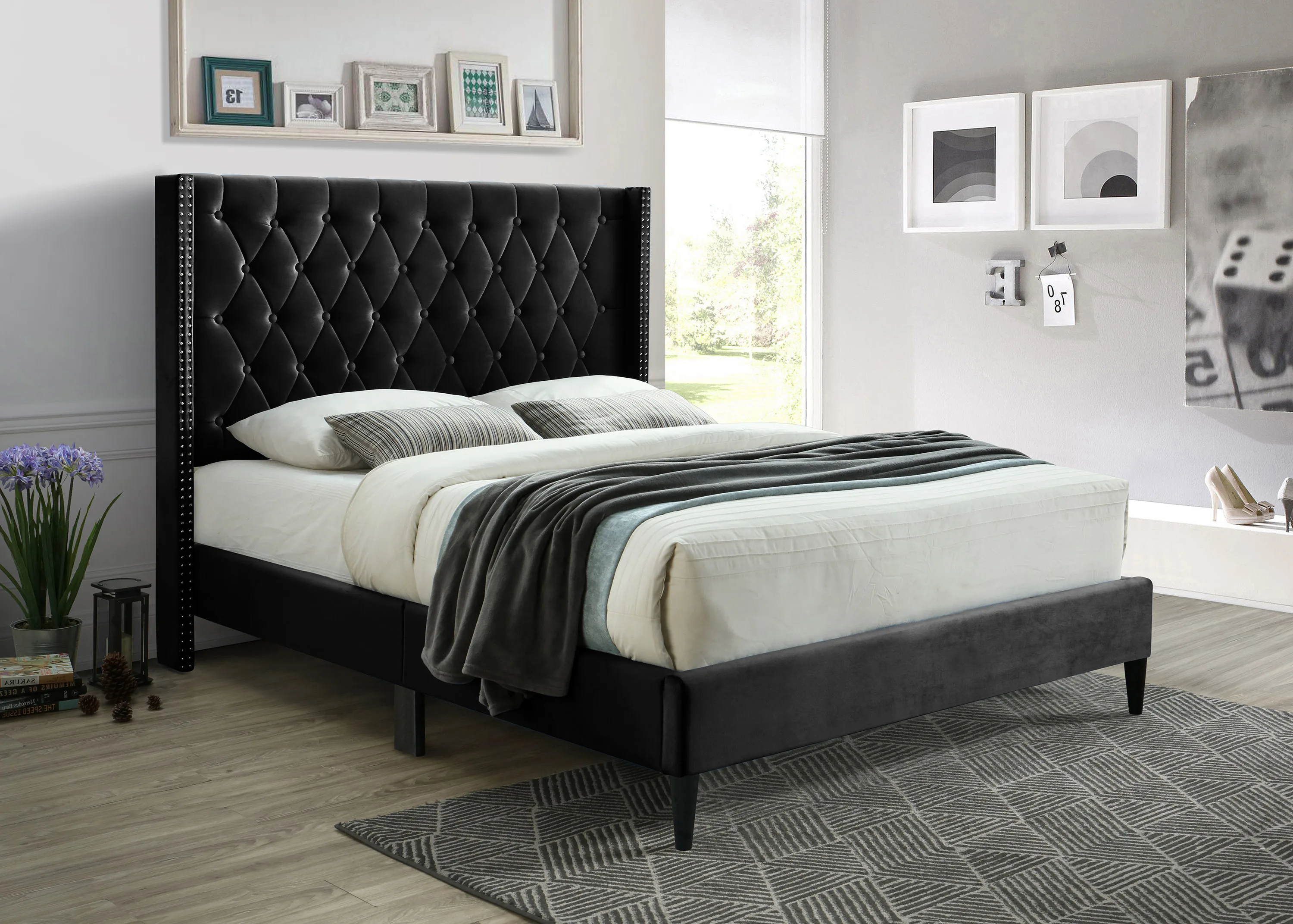 New Trending Design Amelia Premium Upholstered Bed With Buttons And Studding In Velvet Upholstery Material Blue Queen Size Bed