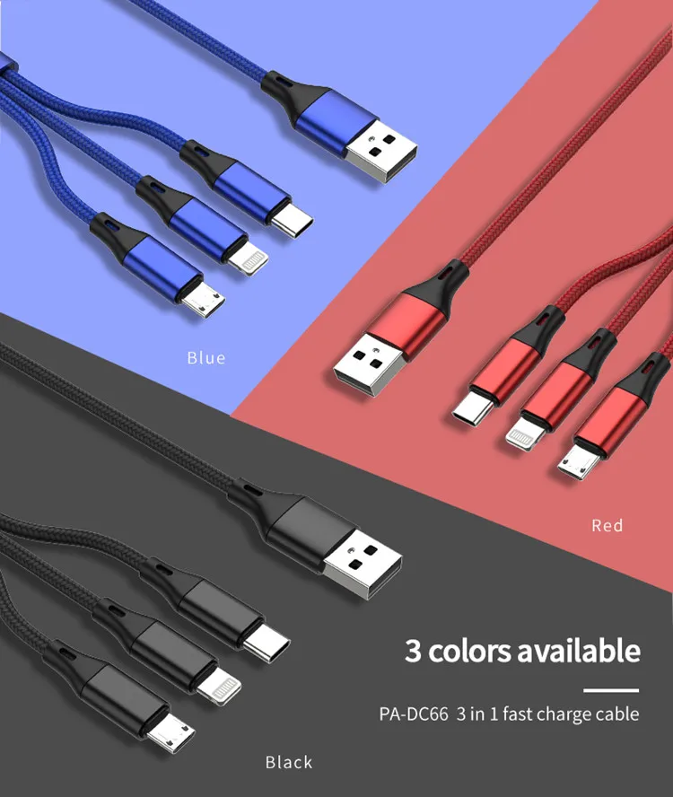 Нейлоновый плетеный провод от производителя цветной кабель 3 в 1 Type-c для быстрой зарядки и передачи данных с USB-портом мобильных телефонов Android