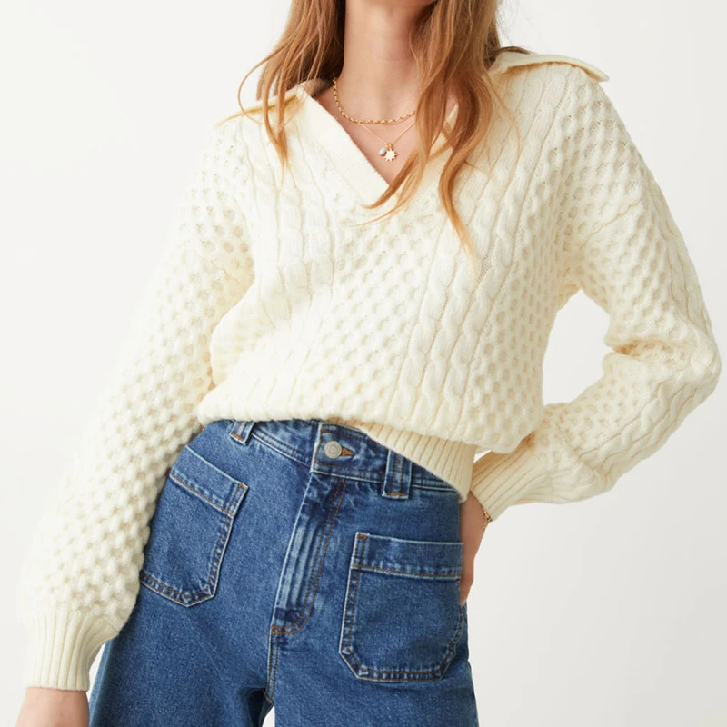 New Fashion Custom Ribbed Collar Cable Knit Sweater With Cuffs And Hem Merino Wool Polo Sweater With A Cable Knit