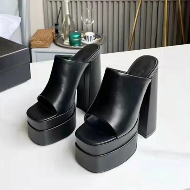 Dropshipping High Heel Platform Chunky Wedge Heeled Sandals for Ladies Plus Size Red Square Chunky Slipper Shoes