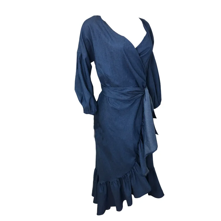 DF0617  Latest Design Summer Denim Dress Long Ruffled Lantern Sleeves V Neck Jean Dresses Casual Women Denim Dress