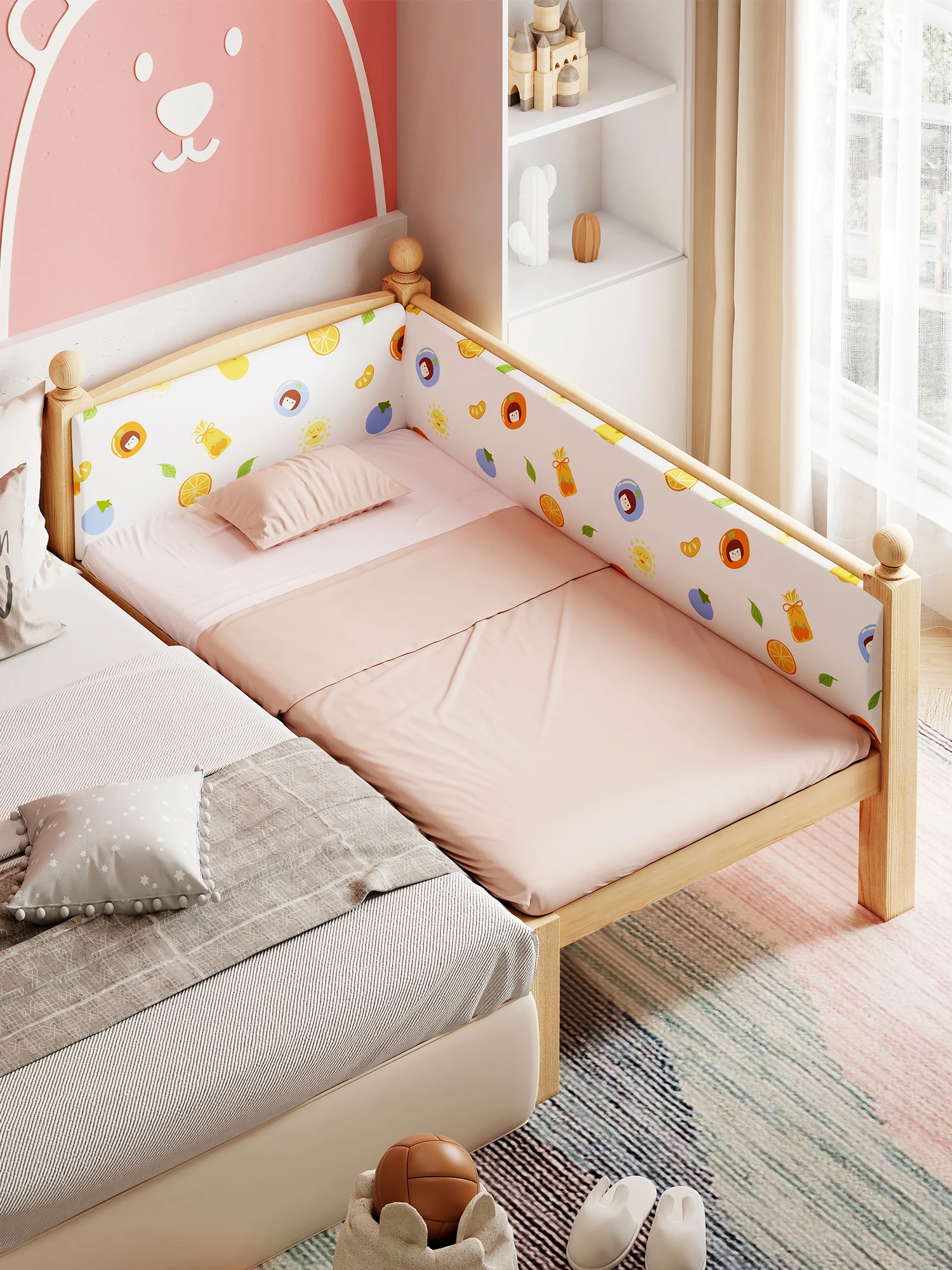 Children home living room  natural solid wood modern baby bed  with guardrail