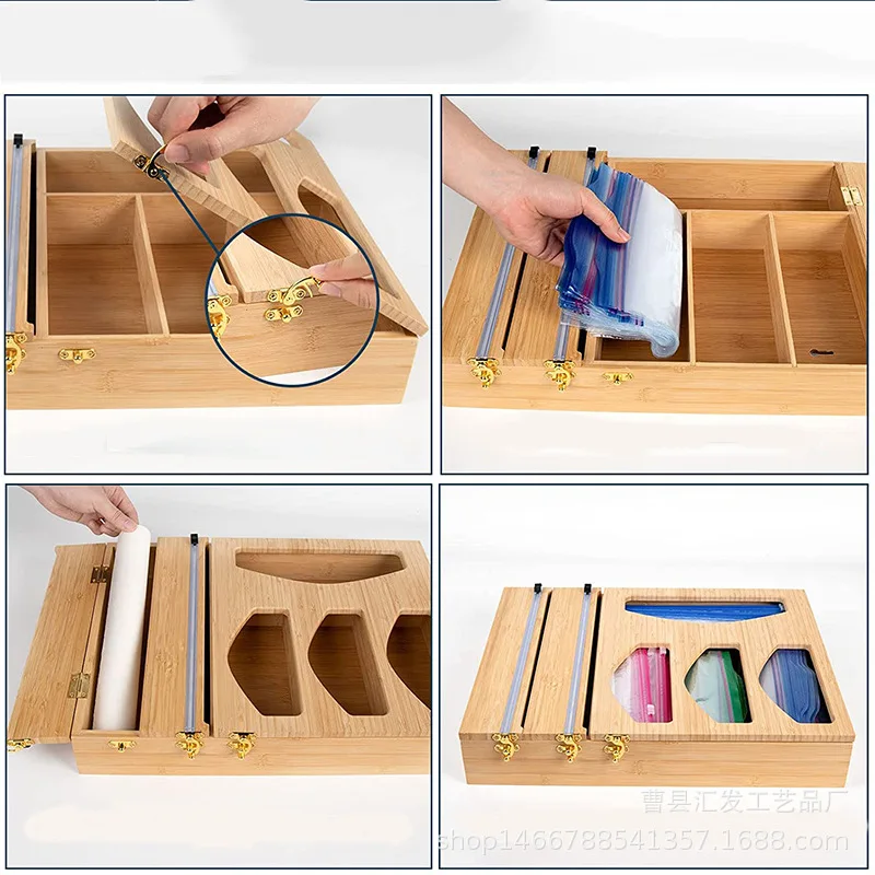 Wall Mount Bamboo Wrap Foil And Plastic Ziplock Food Ziplock Zip Lock Bag Storage Organizer And Dispenser With Cutter And Labels