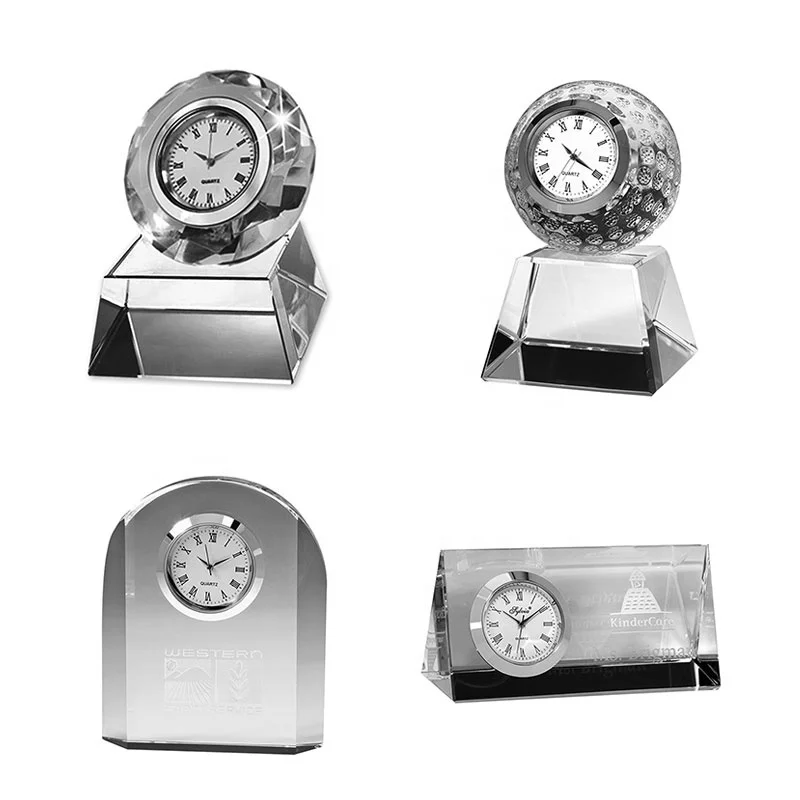 Small MOQ Customized Logo Crystal Desk Clock Engraving Custom Glass Crystal Clock For Gifts Souvenirs