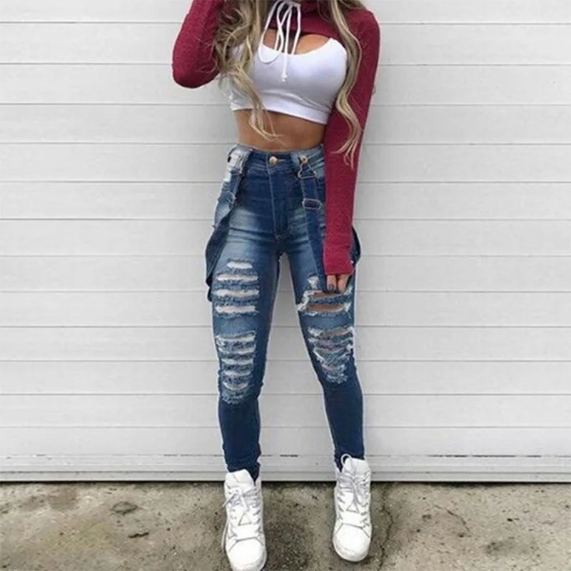 New Street Hipster Trousers Women Fabrics Jeans Denim Overalls High Waist Ripped Womens Jeans