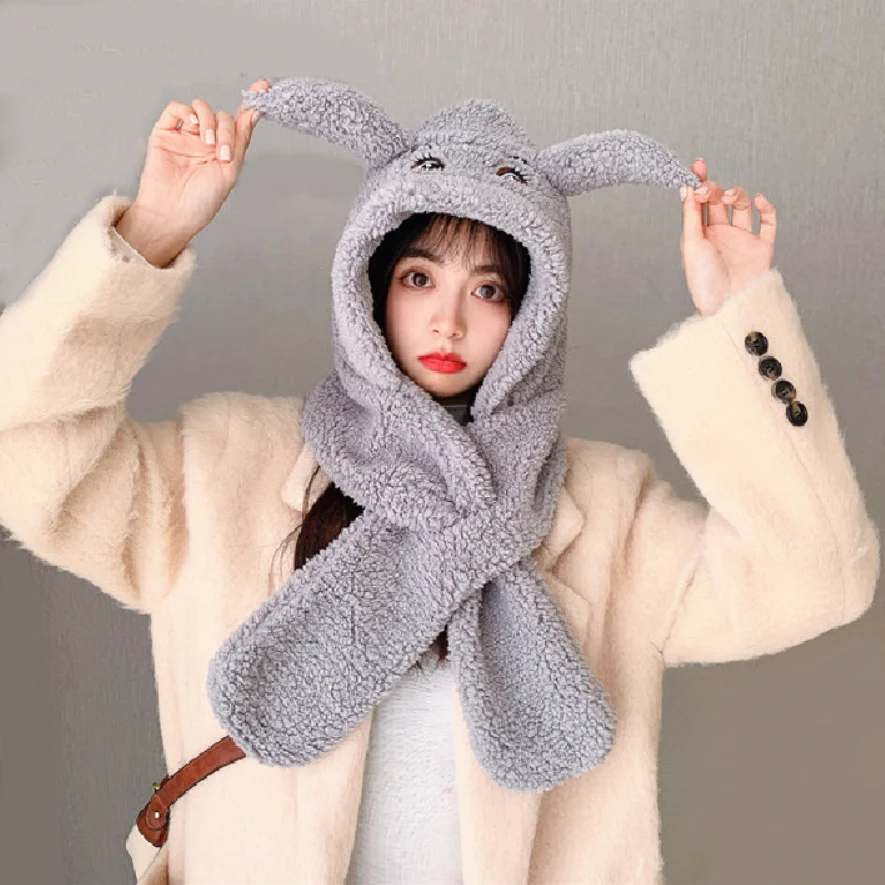 Зимняя теплая плюшевая Шапка-шарф простого дизайна 2021 женские забавные шапки с мультяшным бульгуном для девочек