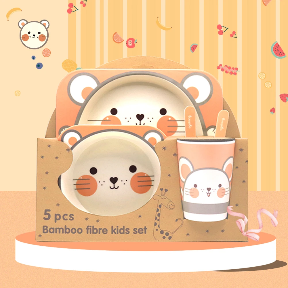 Factory Price Plastic Dinner Set Anti Falling Melamine Dinner Sets Utensils 5pcs Cartoon Baby Children Bamboo Dinnerware