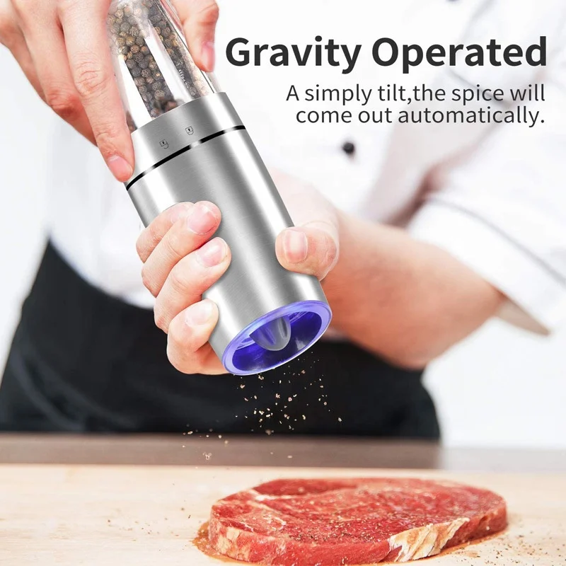 One Hand Operation Stainless Steel Spice Mill Automatic Gravity Induction Electric Salt And Pepper Grinder With Blue Led Light