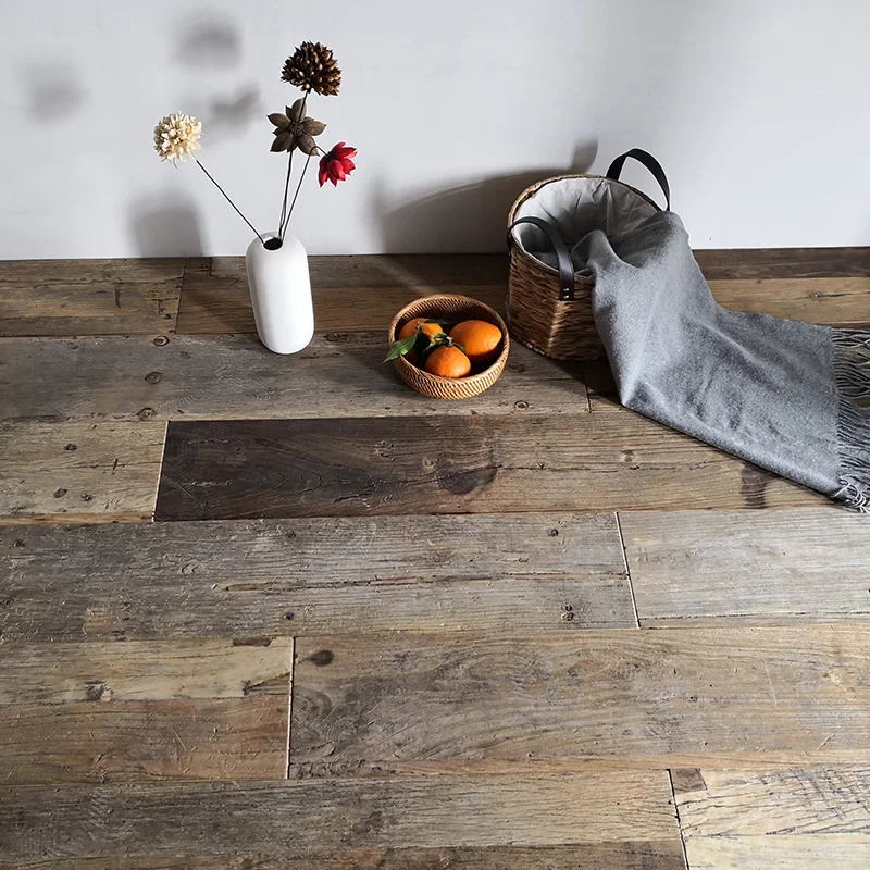 Reclaimed herringbone hardwood parquet flooring
