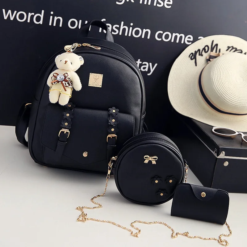 
Wholesale Fashion Waterproof PU Korean Large Capacity Backpack 3 Piece Set Schoolbag with Bear Pendant Girls Handbag 
