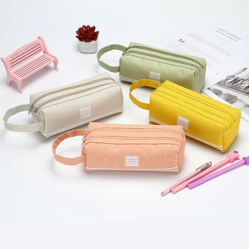 Solid Color Striped Double-layer Stationery Pencil Case Student Large-capacity Portable Custom Pencil Case