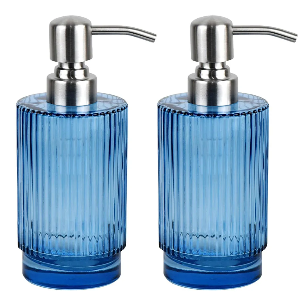 13OZ Vertical Stripe Blue Soap Dispenser with Pump for Bathroom Countertop, Liquid Soap Dispenser with Stainless Steel Pump