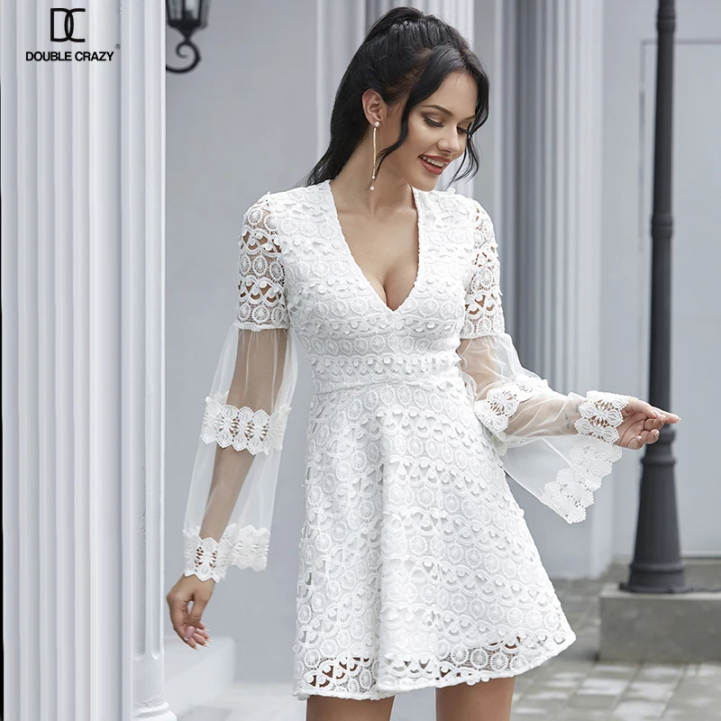 Weixin Double Crazy Women White Chiffon Casual Dresses Mesh Insert Guipure Lace Dress