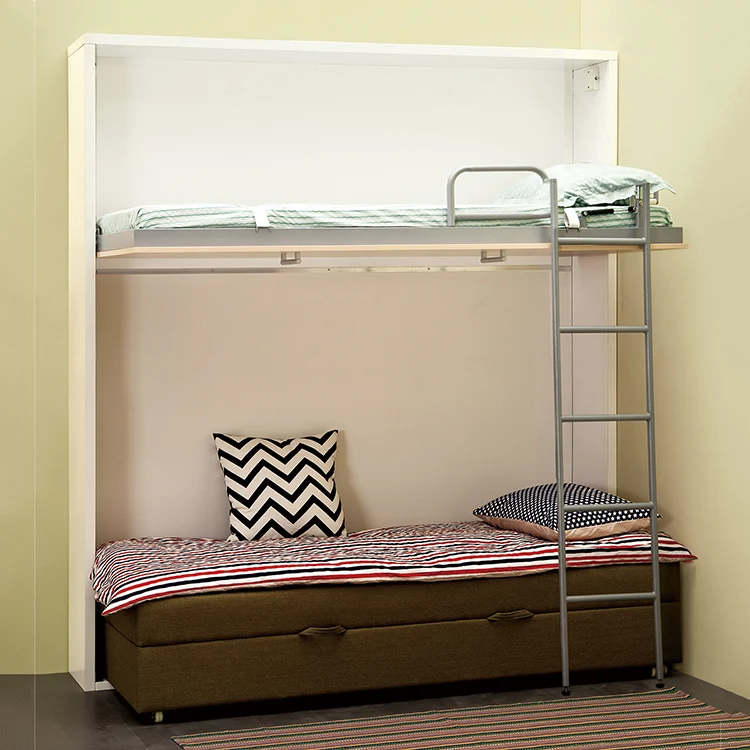 2020 Children wall mounted foldable save space smart wood beds wall bunk beds with sofa